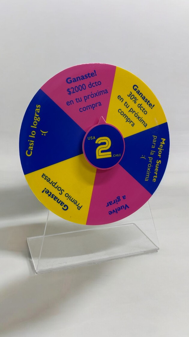 Mini ruleta de premios personalizada – 16 y 20 cm | Base acrílica transparente
