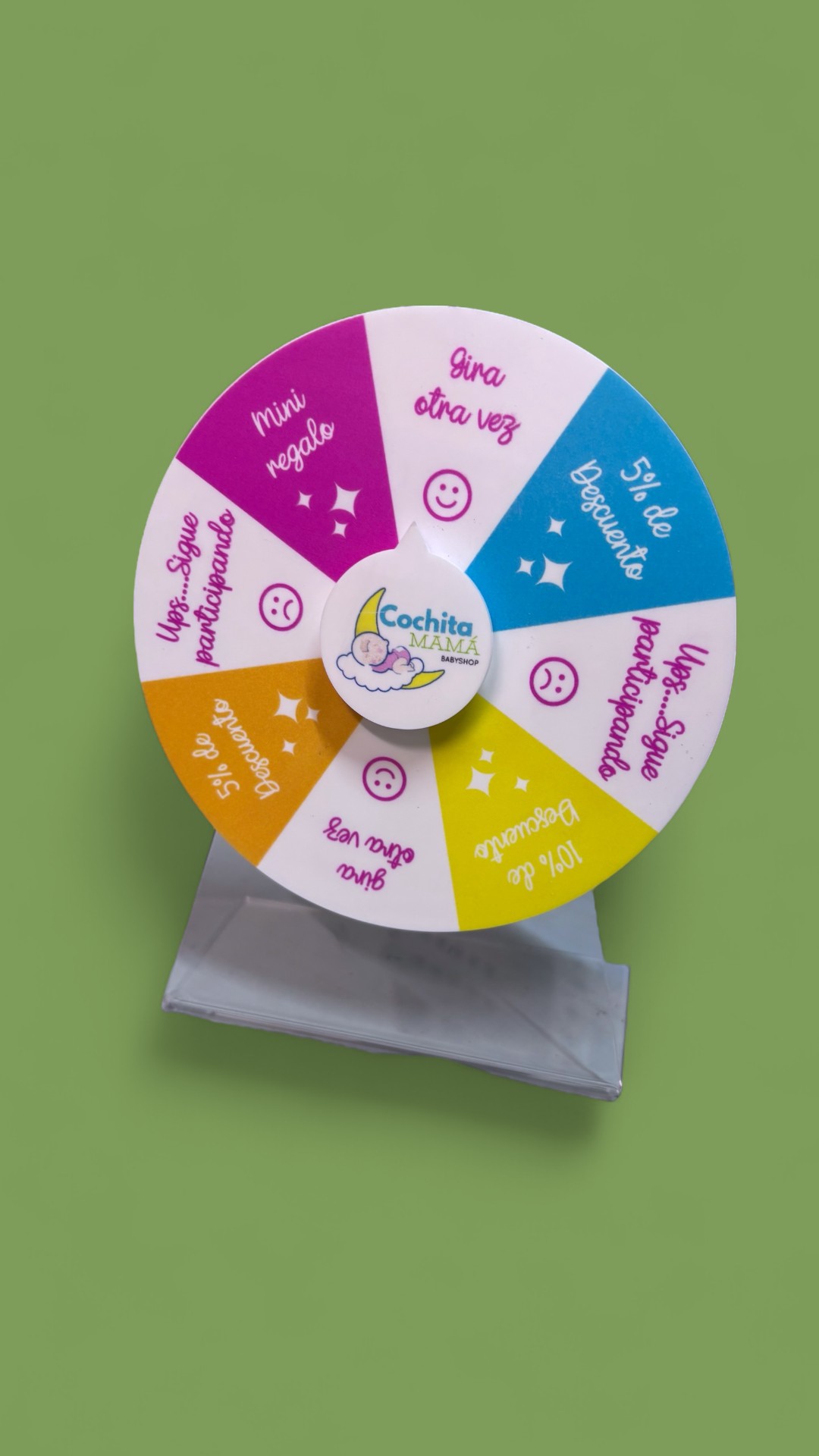 Mini ruleta de premios personalizada – 16 y 20 cm | Base acrílica transparente - Imagen 3